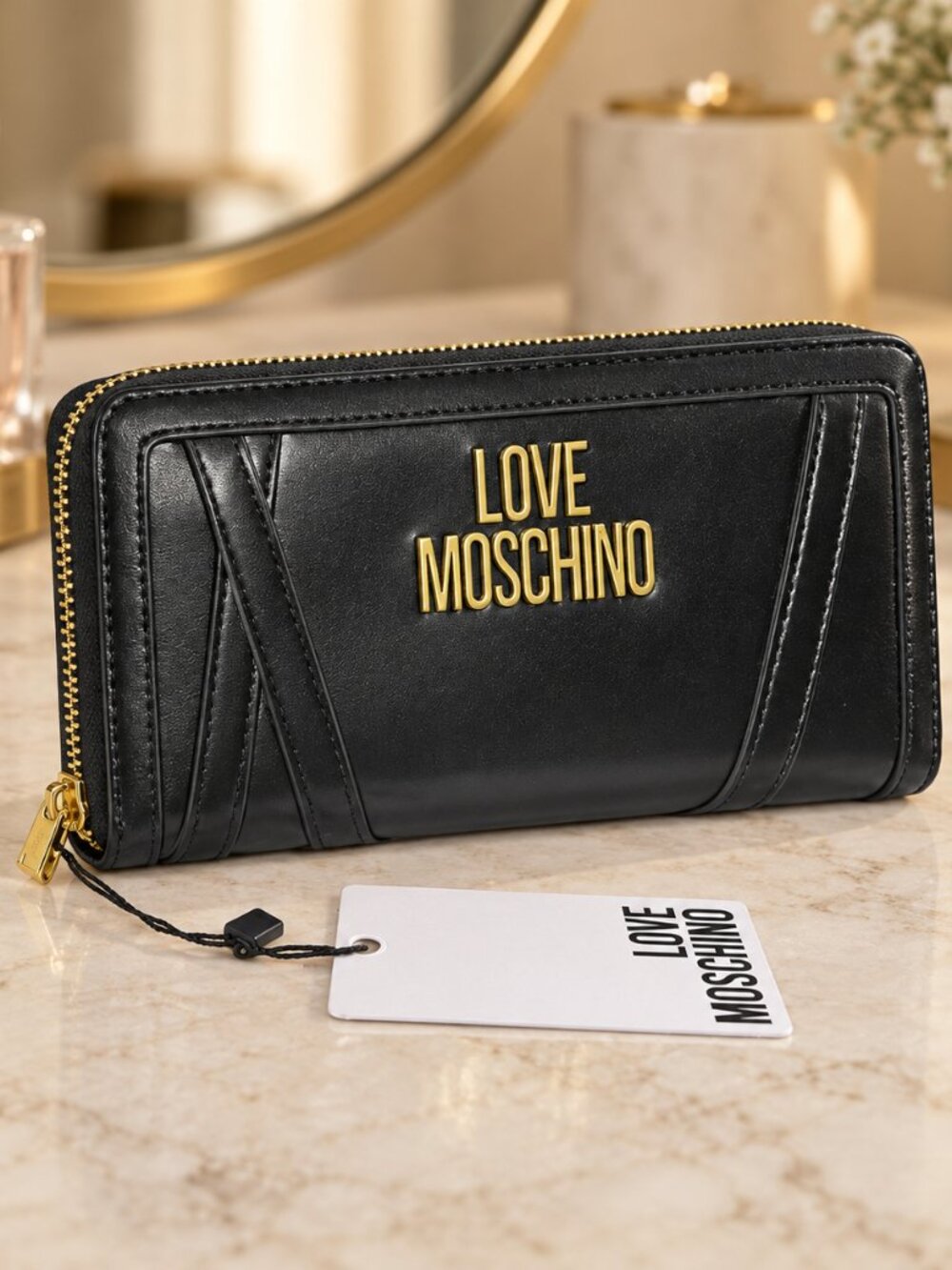 Love Moschino Black Geometric Stitch Zip-Around Wallet Gold Logo NWT